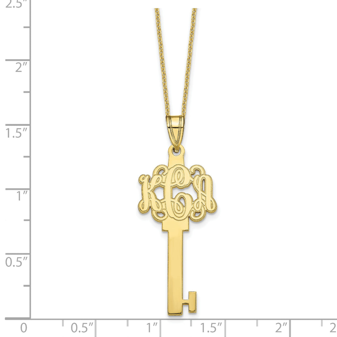 Roy Rose Jewelry 10K Yellow Gold Custom Personalized Script Monogram on Key Shape Necklace 1 1/4" inch Length Size Pendant 18" Chain