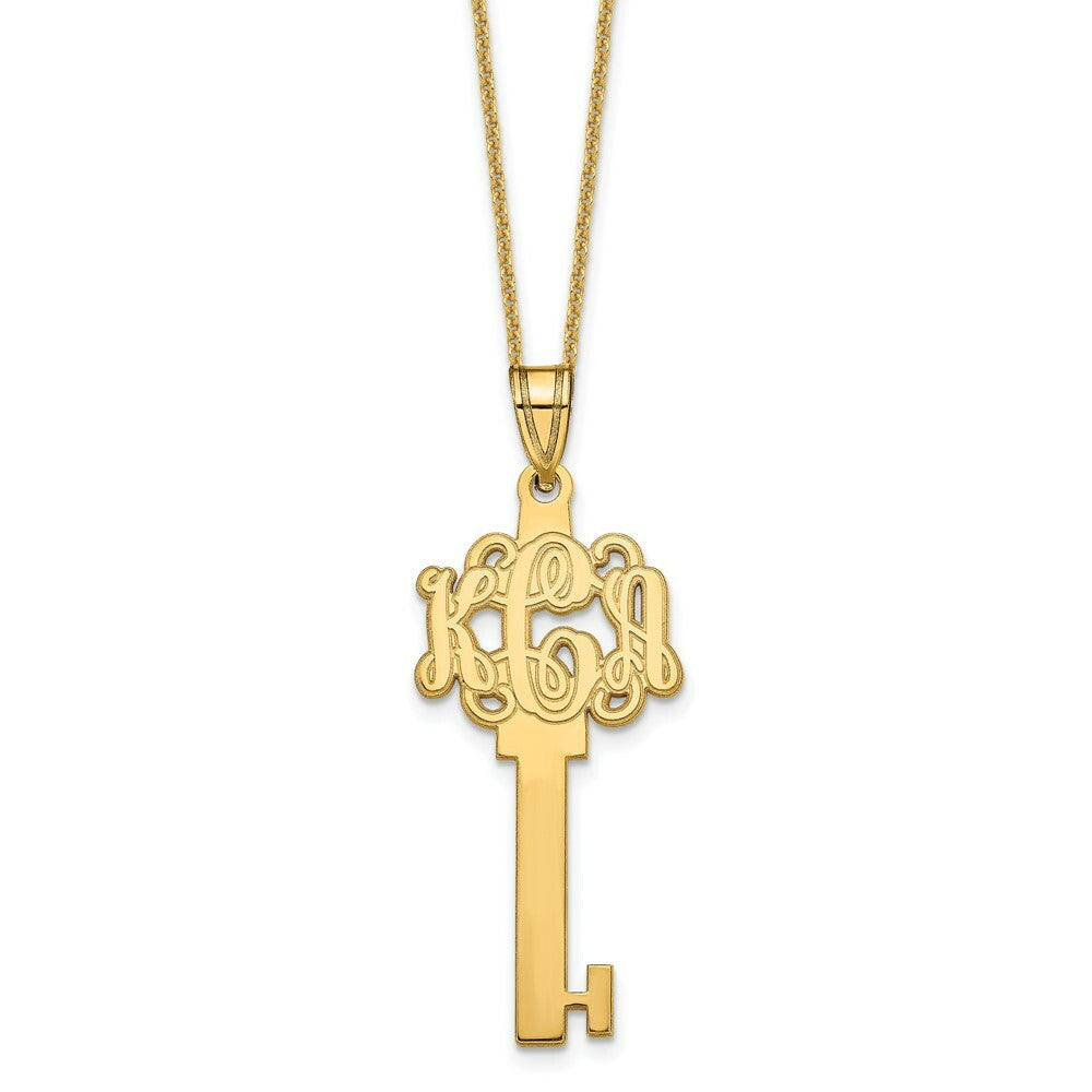 Roy Rose Jewelry 10K Yellow Gold Custom Personalized Script Monogram on Key Shape Necklace 1 1/4" inch Length Size Pendant 18" Chain