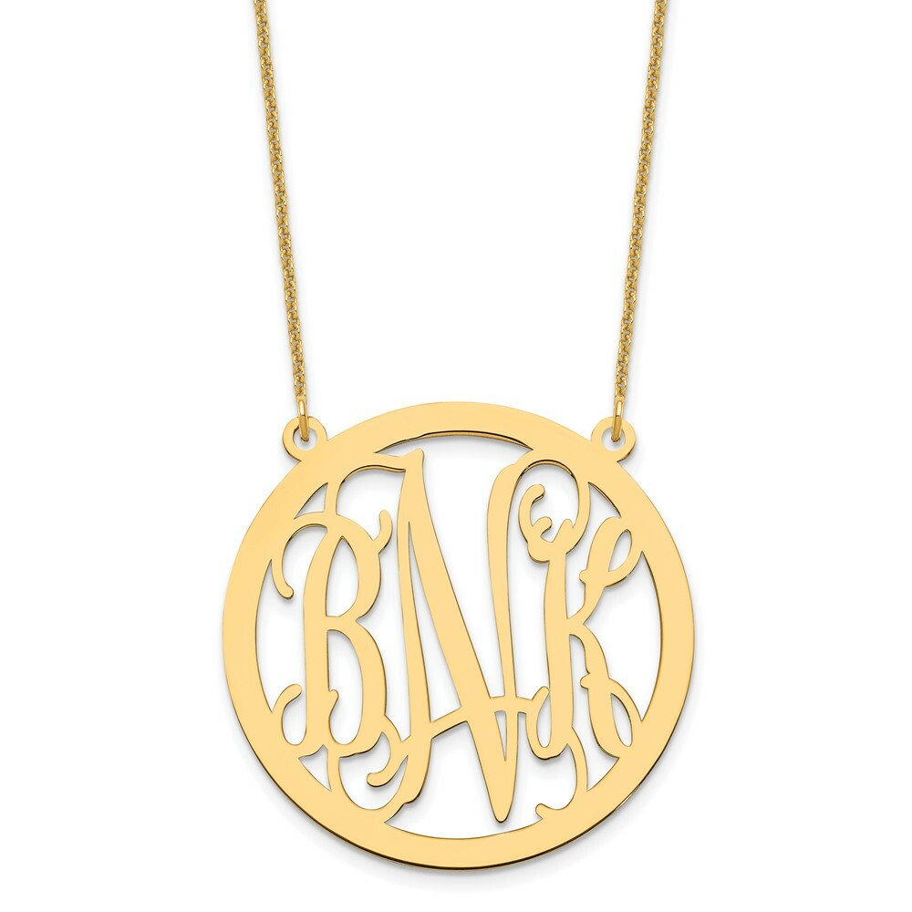 10K Yellow Gold Custom Personalized Script Monogram in Round Circle Necklace 1 1/4" inch Size Pendant 18" Chain