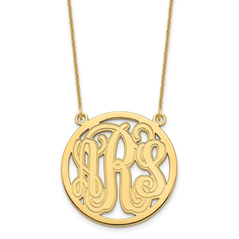 10K Yellow Gold Custom Personalized Script Monogram in Round Circle Necklace 1" inch Size Pendant 18" Chain