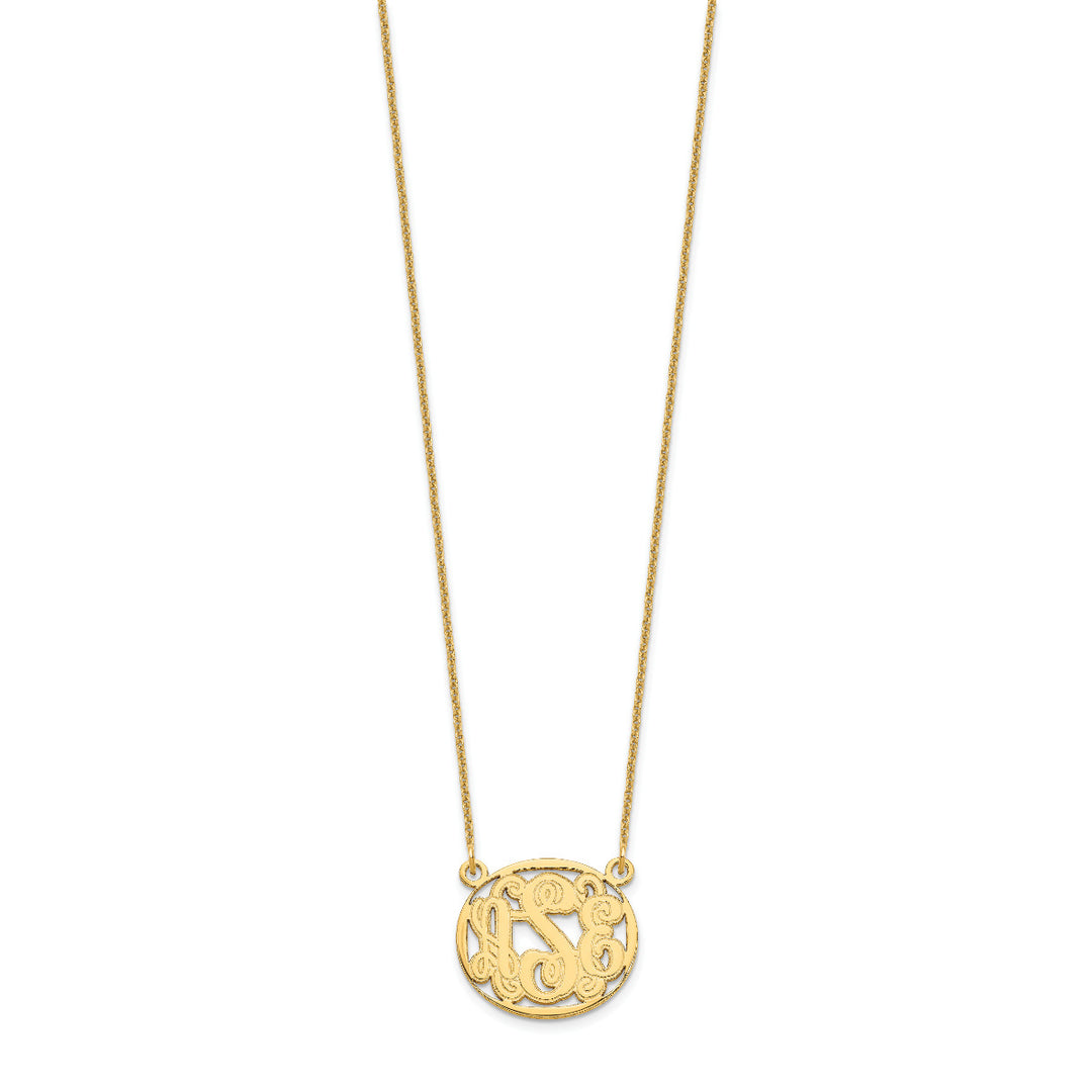 Roy Rose Jewelry 10K Yellow Gold Custom Personalized Script Monogram in Oval Border Necklace 3/4" inch Size Pendant 18" Chain from