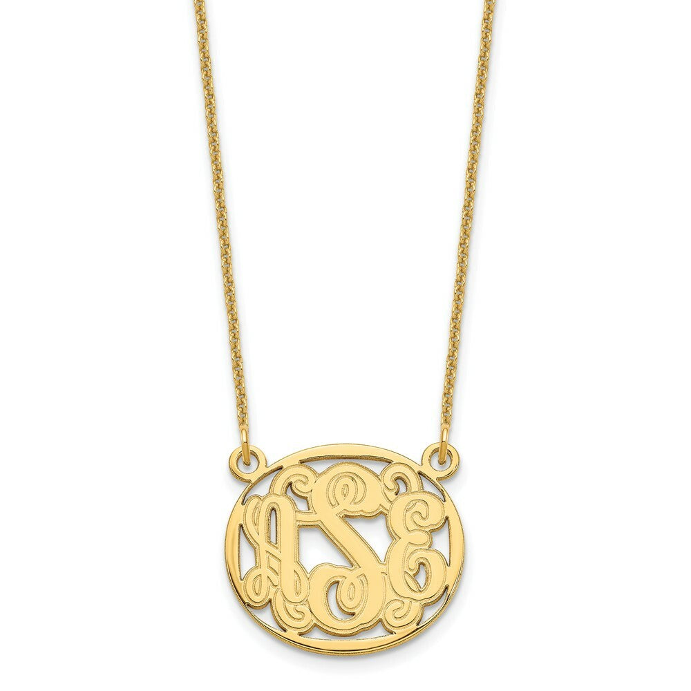Roy Rose Jewelry 10K Yellow Gold Custom Personalized Script Monogram in Oval Border Necklace 3/4" inch Size Pendant 18" Chain from