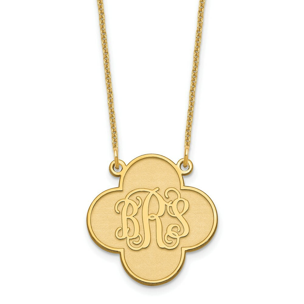 Roy Rose Jewelry 10K Yellow Gold Custom Personalized Script Monogram on Clover Shape Necklace 3/4" inch Size Pendant 18" Chain