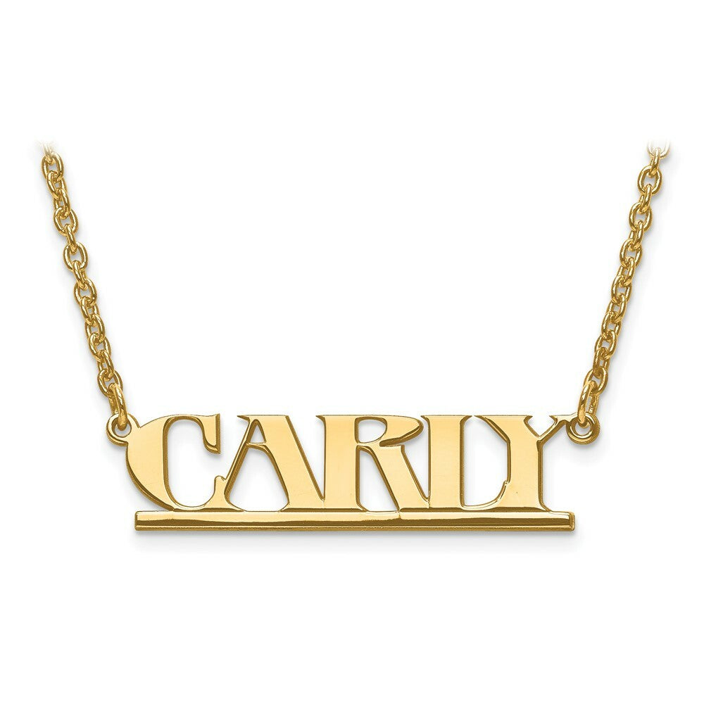 Roy Rose Jewelry Custom Made Personalized Name All Caps Uppercase Necklace Pendant, size 1.10" inches, in 10K Yellow Gold in Length Choice of 16", 18", or 20"