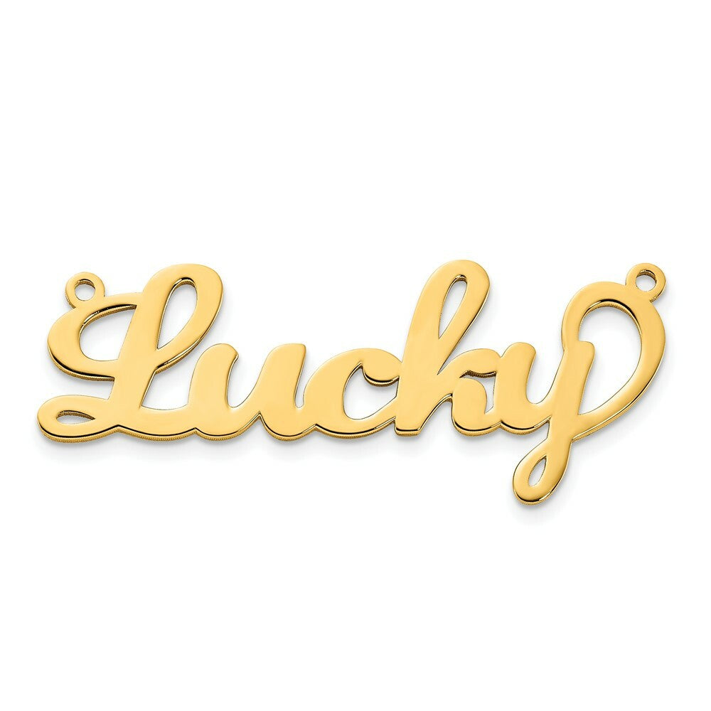 Roy Rose Jewelry Custom Made Personalized Fancy Script Name Necklace Pendant, size 1.75" inches, in 10K Yellow Gold in Length Choice of 16", 18", or 20"