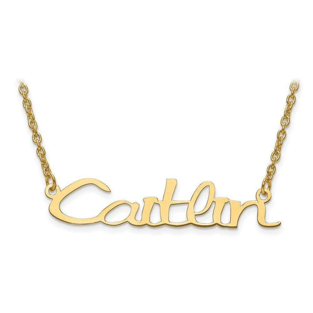 Roy Rose Jewelry Custom Made Personalized Fancy Script Name Necklace Pendant, size 1.75" inches, in 10K Yellow Gold in Length Choice of 16", 18", or 20"