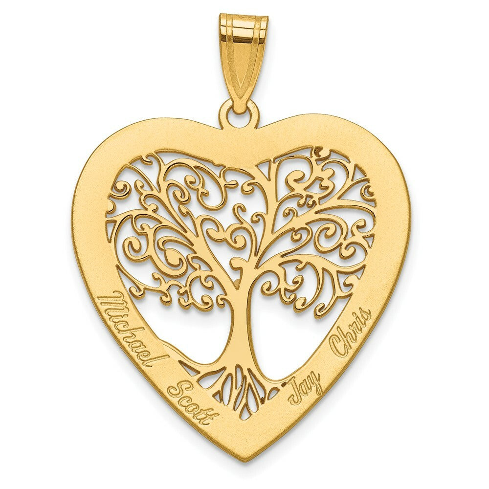 Roy Rose Jewelry Custom Made Personalized Name Family Tree Heart Pendant Necklace, size 1.25" inches, in 10K Yellow Gold With Option Chain Choice of 16", 18", or 20"