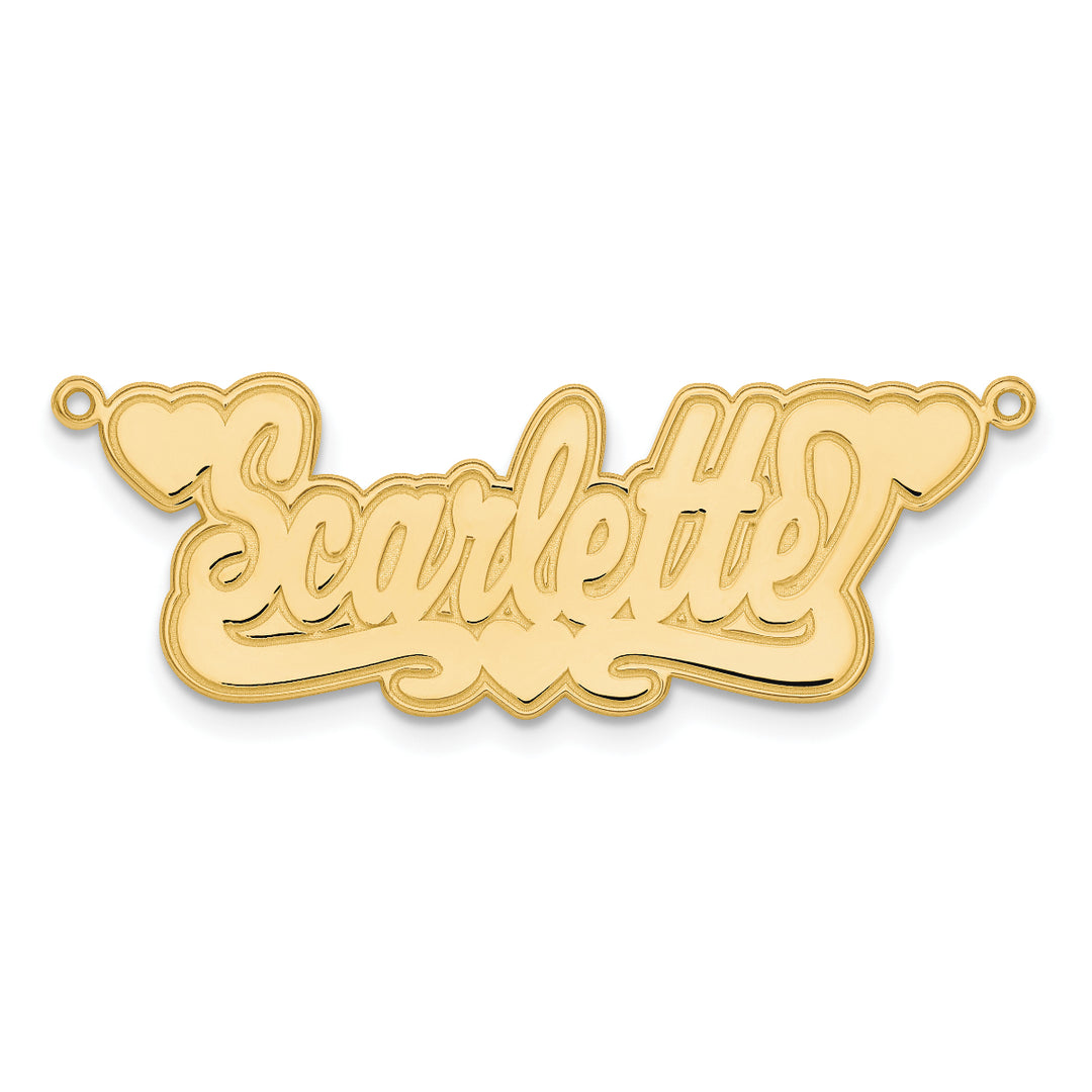 Roy Rose Jewelry Custom Made Personalized Name Necklace Pendant Cursive with 2 Hearts, size 1.1" inches, in 10K Yellow Gold in Length Choice of 16", 18", or 20"