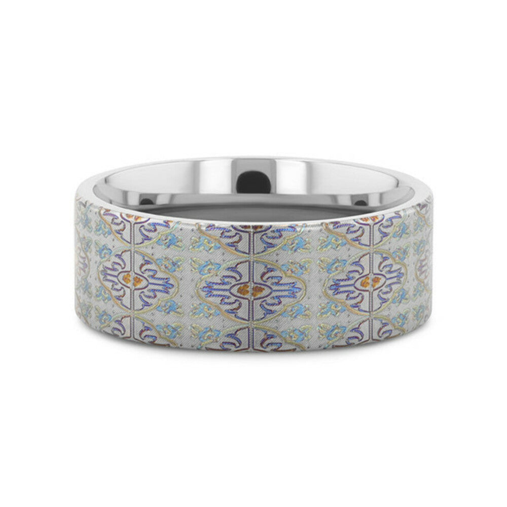 Mens Flat Titanium Engraved Cross Pattern Wedding Ring - 8mm Wide - Style name: RADIANCE