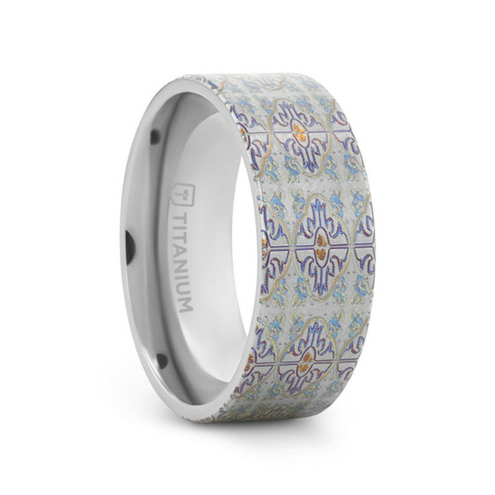 Mens Flat Titanium Engraved Cross Pattern Wedding Ring - 8mm Wide - Style name: RADIANCE