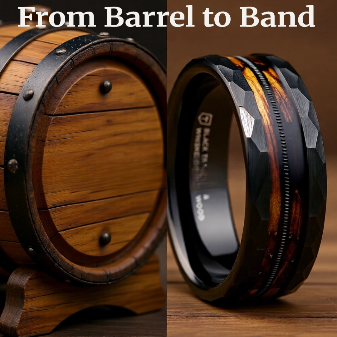 Mens Black Tungsten Carbide Polished Wedding Ring - Charred Whiskey Barrel and Guitar String  -  8mm Wide - Style name: RIFF