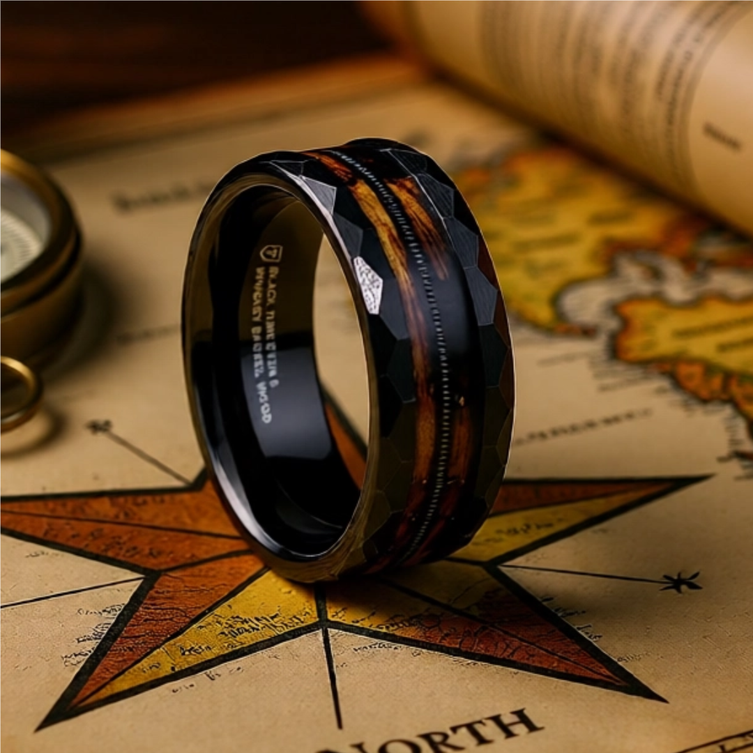Mens Black Tungsten Carbide Polished Wedding Ring - Charred Whiskey Barrel and Guitar String  -  8mm Wide - Style name: RIFF