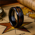 Load image into Gallery viewer, Mens Black Tungsten Carbide Polished Wedding Ring - Charred Whiskey Barrel and Guitar String  -  8mm Wide - Style name: RIFF

