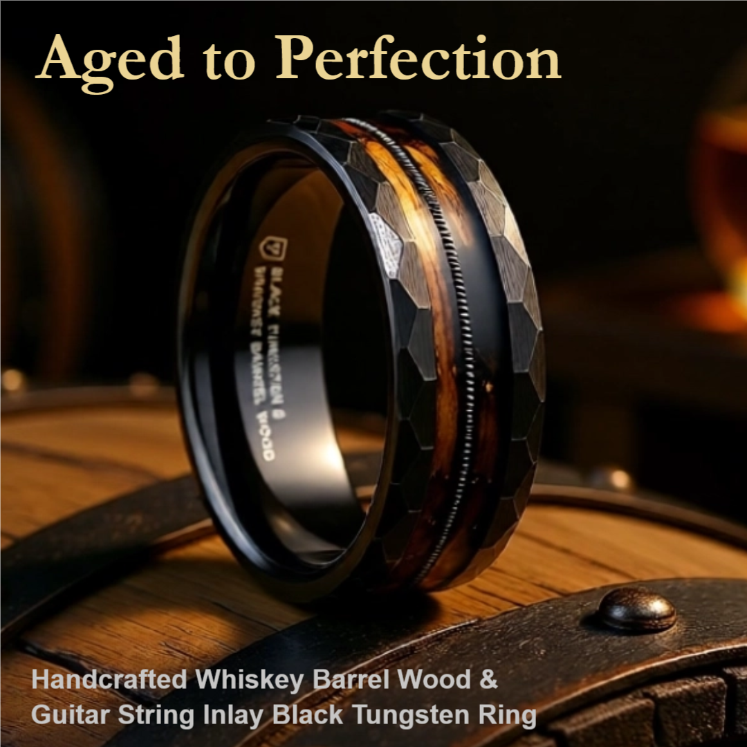 Mens Black Tungsten Carbide Polished Wedding Ring - Charred Whiskey Barrel and Guitar String  -  8mm Wide - Style name: RIFF