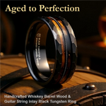 Load image into Gallery viewer, Mens Black Tungsten Carbide Polished Wedding Ring - Charred Whiskey Barrel and Guitar String  -  8mm Wide - Style name: RIFF
