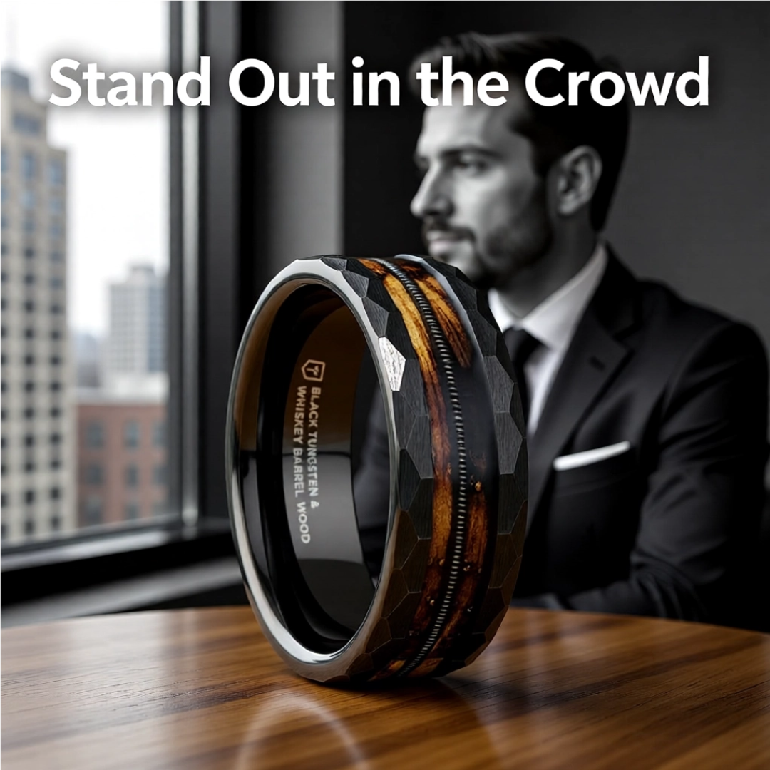 Mens Black Tungsten Carbide Polished Wedding Ring - Charred Whiskey Barrel and Guitar String  -  8mm Wide - Style name: RIFF