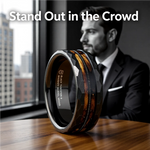 Load image into Gallery viewer, Mens Black Tungsten Carbide Polished Wedding Ring - Charred Whiskey Barrel and Guitar String  -  8mm Wide - Style name: RIFF
