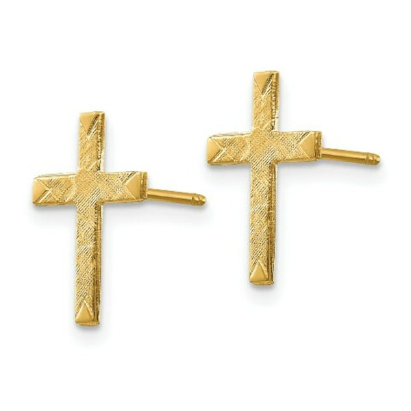 14K Yellow Gold Brushed Finish Cross Earrings 13mm length