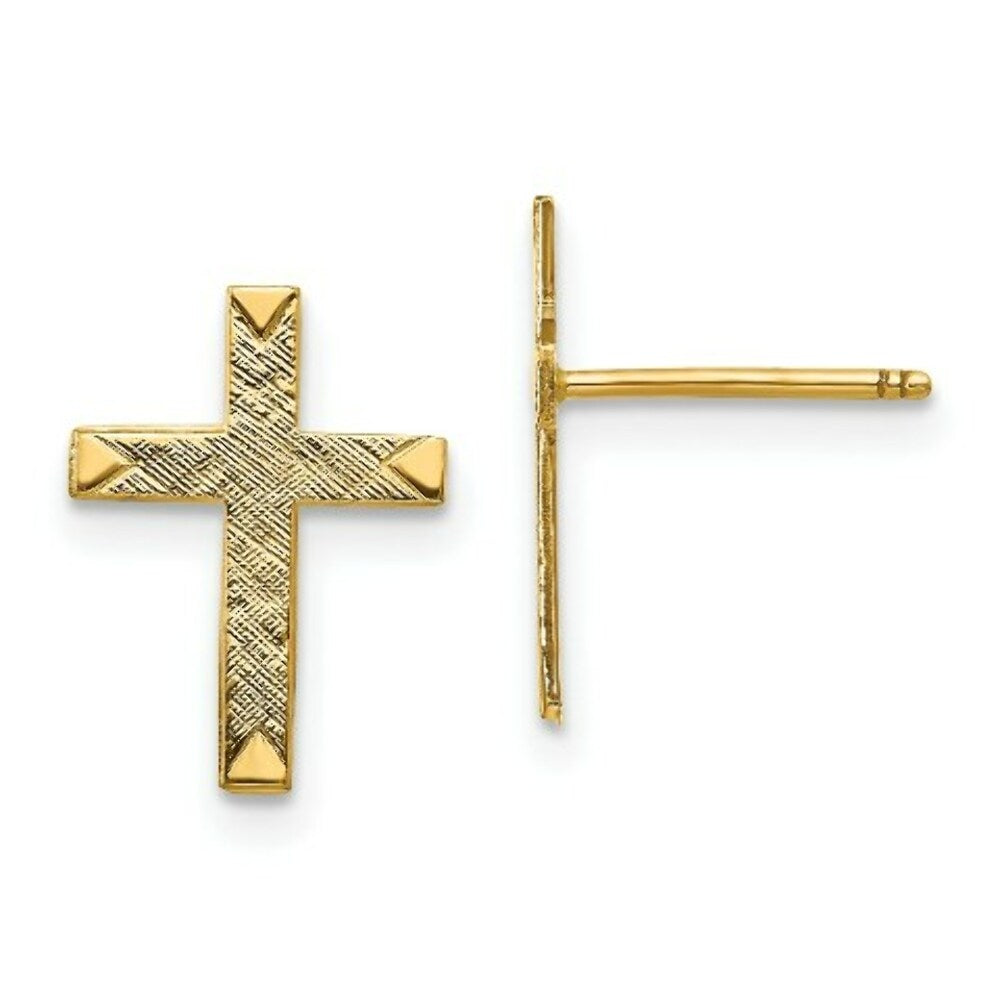 14K Yellow Gold Brushed Finish Cross Earrings 13mm length
