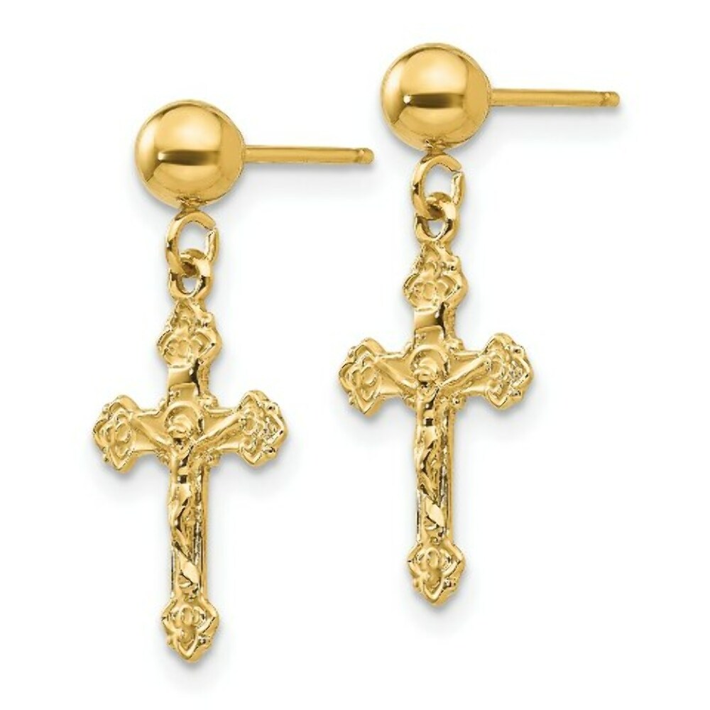 14K Yellow Gold Polished Crucifix Post Earrings