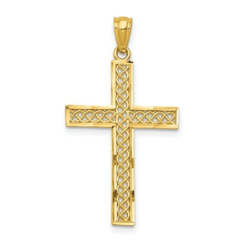 14K Yellow Gold Diamond-cut Filigree Cross Pendant 34mm length