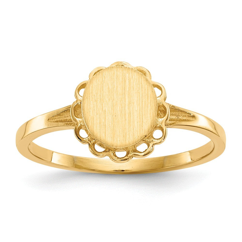 Open Back Round Scallop Edge Ladies Signet Ring Custom Personalized with Free Engraving Available of Initials in Solid 14K Yellow Gold