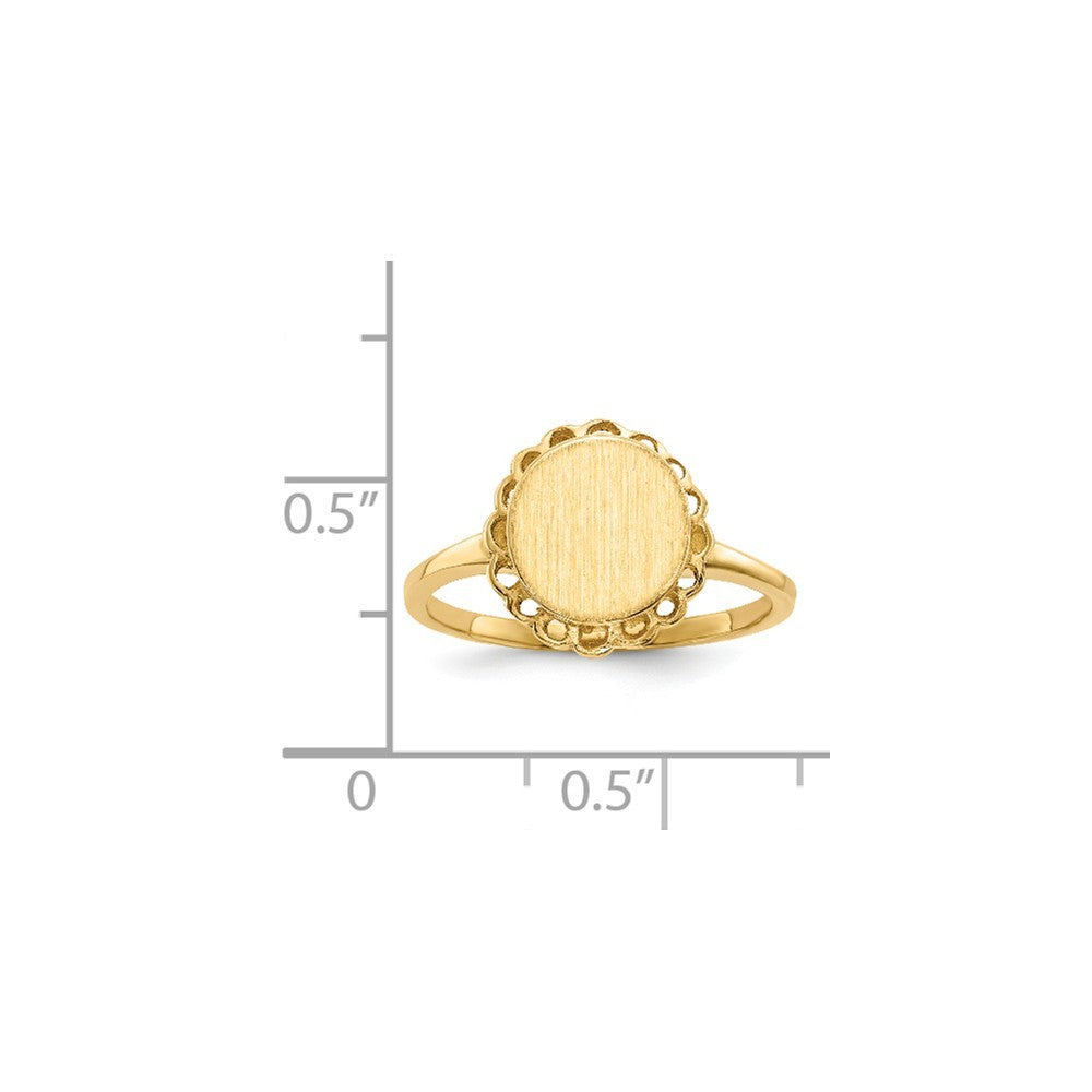 Open Back Round Scallop Edge Ladies Signet Ring Custom Personalized with Free Engraving Available of Initials in Solid 14K Yellow Gold