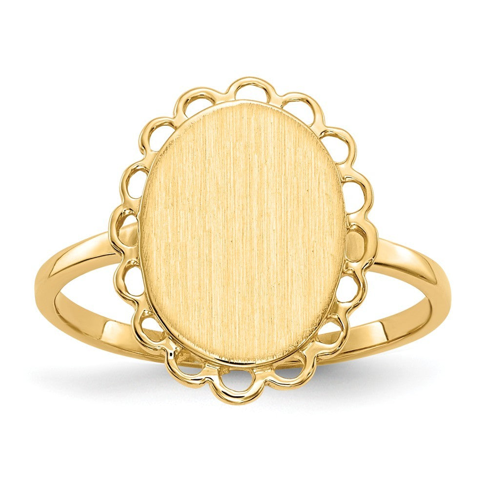 Open Back Oval Scallop Edge Ladies Signet Ring Custom Personalized with Free Engraving Available of Initials or Monogram in Solid 14K Yellow Gold