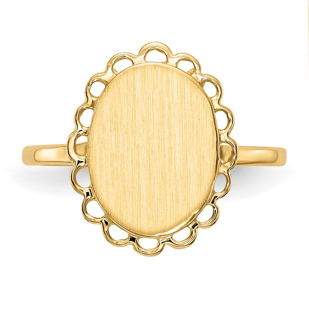Open Back Oval Scallop Edge Ladies Signet Ring Custom Personalized with Free Engraving Available of Initials or Monogram in Solid 14K Yellow Gold