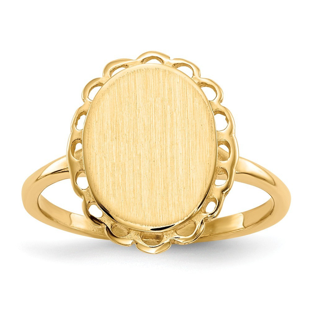 Open Back Oval Scallop Edge Ladies Signet Ring Custom Personalized with Free Engraving Available of Initials in Solid 14K Yellow Gold