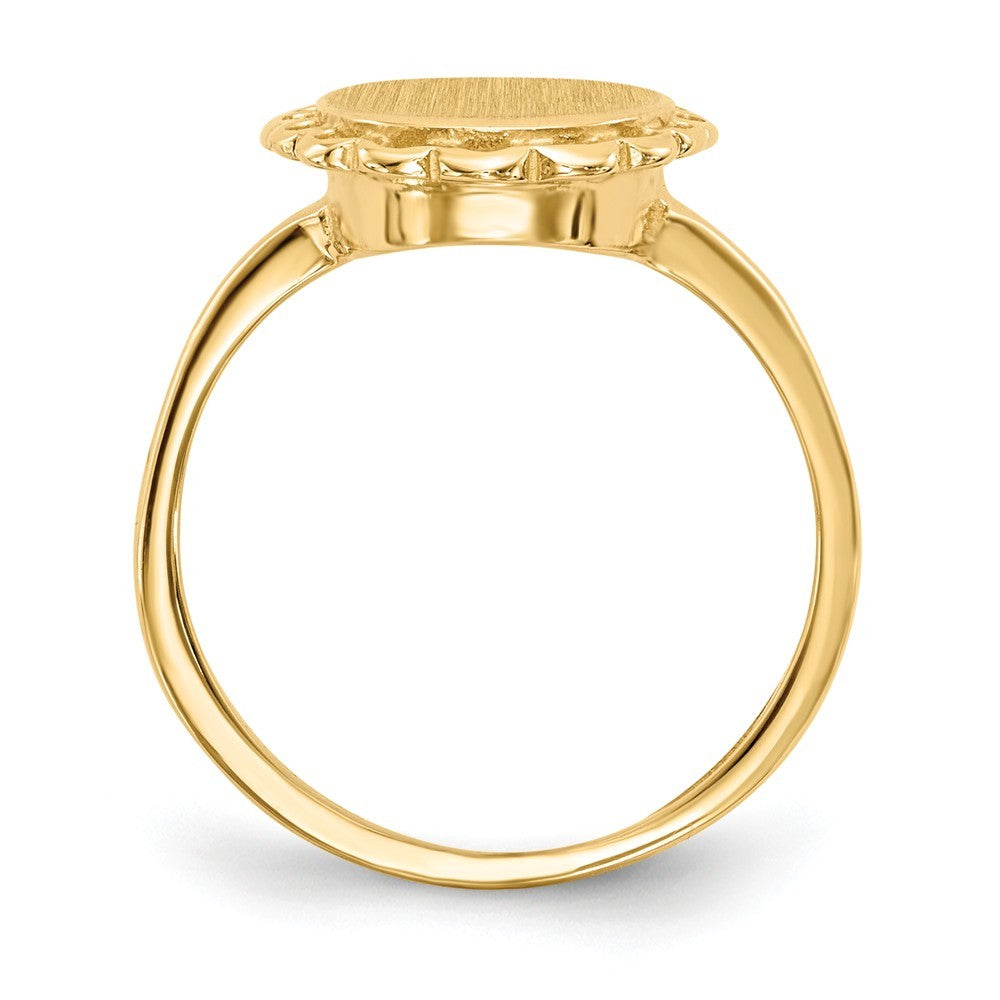 Open Back Oval Scallop Edge Ladies Signet Ring Custom Personalized with Free Engraving Available of Initials in Solid 14K Yellow Gold