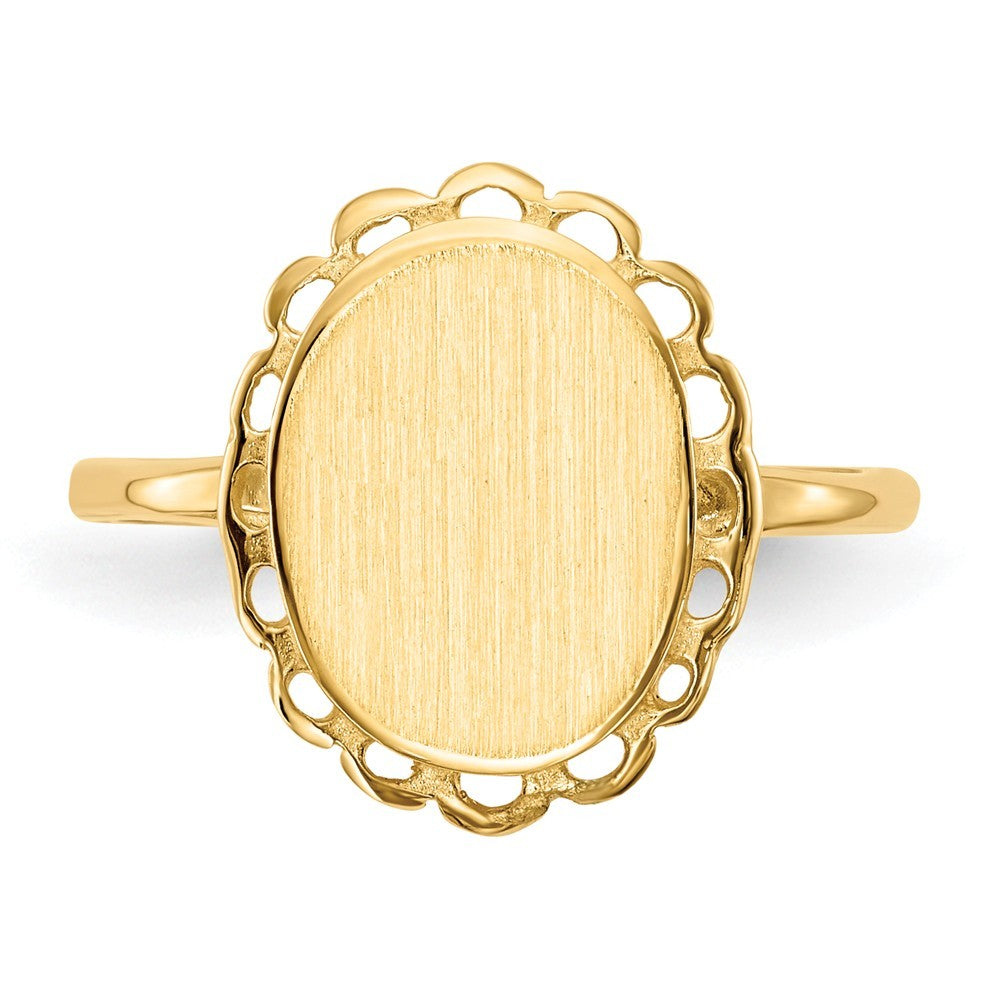 Open Back Oval Scallop Edge Ladies Signet Ring Custom Personalized with Free Engraving Available of Initials in Solid 14K Yellow Gold