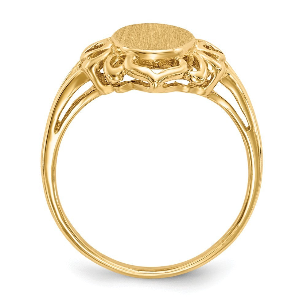 Open Back Oval Heart Decorative Edge Ladies Signet Ring Custom Personalized with Free Engraving Available of Initials in Solid 14K Yellow Gold