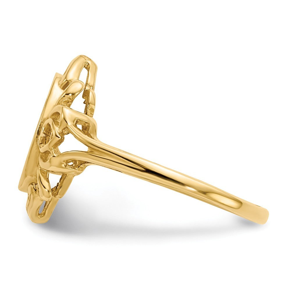 Open Back Oval Heart Decorative Edge Ladies Signet Ring Custom Personalized with Free Engraving Available of Initials in Solid 14K Yellow Gold