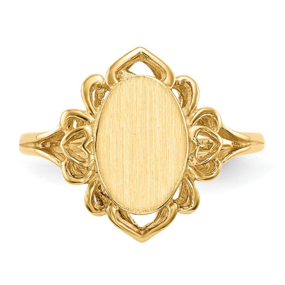 Open Back Oval Heart Decorative Edge Ladies Signet Ring Custom Personalized with Free Engraving Available of Initials in Solid 14K Yellow Gold