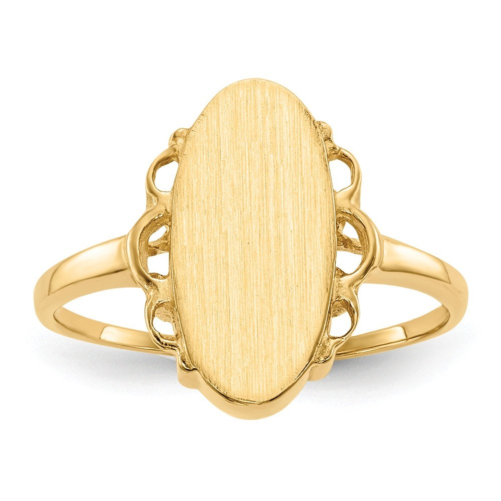 Open Back Oval Scallop Decorative Edge Ladies Signet Ring Custom Personalized with Free Engraving Available of Initials in Solid 14K Yellow Gold