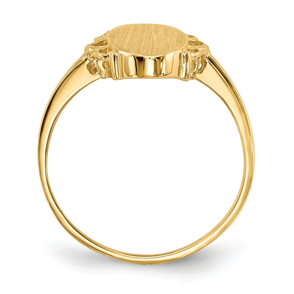 Open Back Oval Scallop Decorative Edge Ladies Signet Ring Custom Personalized with Free Engraving Available of Initials in Solid 14K Yellow Gold