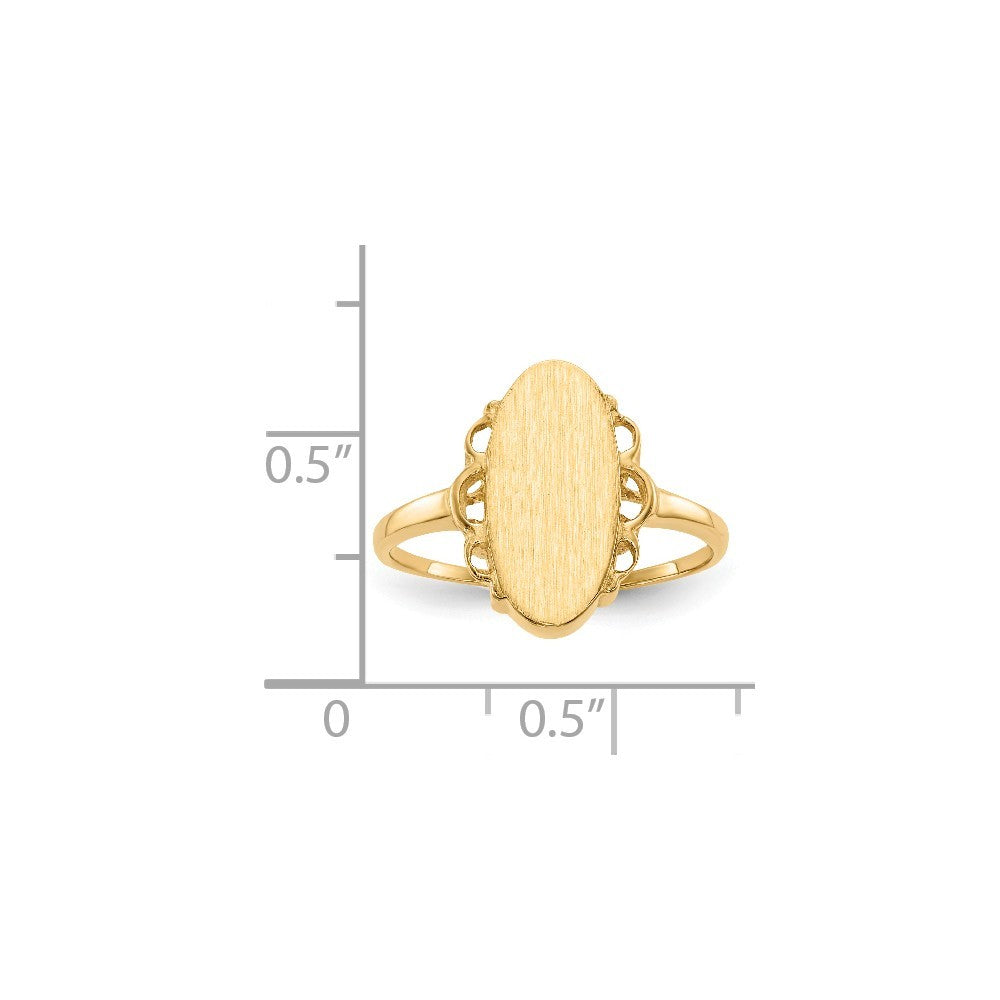 Open Back Oval Scallop Decorative Edge Ladies Signet Ring Custom Personalized with Free Engraving Available of Initials in Solid 14K Yellow Gold