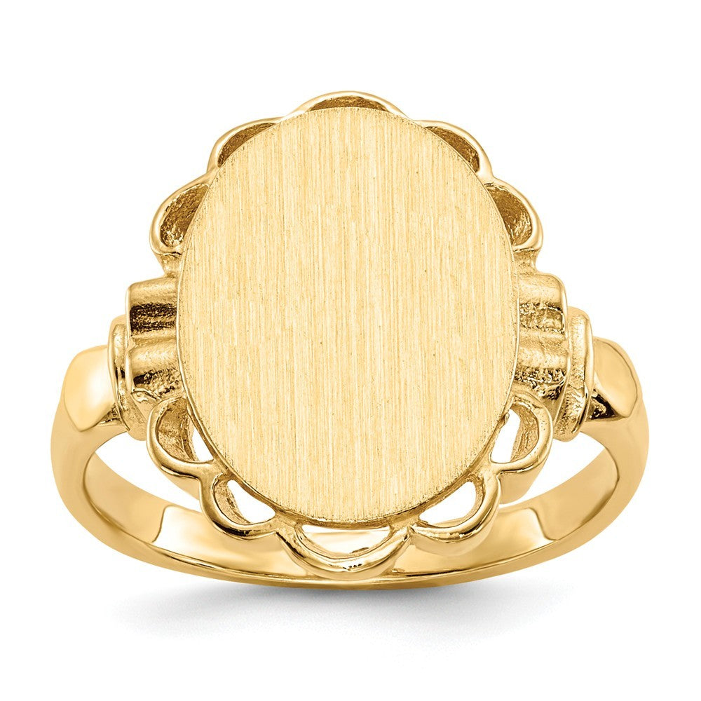 Open Back Oval Scallop Decorative Edge Ladies Signet Ring Custom Personalized with Free Engraving Available of Initials or Monogram in Solid 14K Yellow Gold