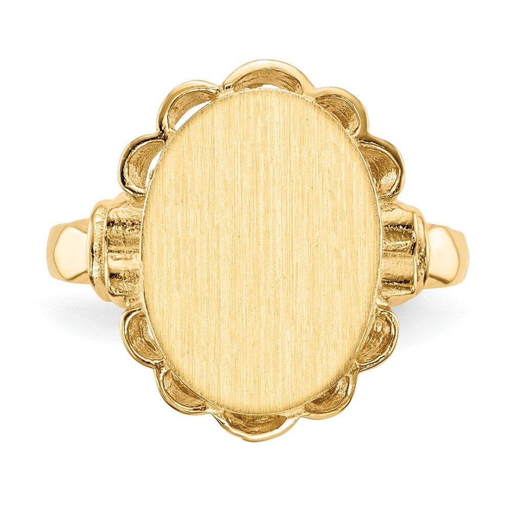 Open Back Oval Scallop Decorative Edge Ladies Signet Ring Custom Personalized with Free Engraving Available of Initials or Monogram in Solid 14K Yellow Gold
