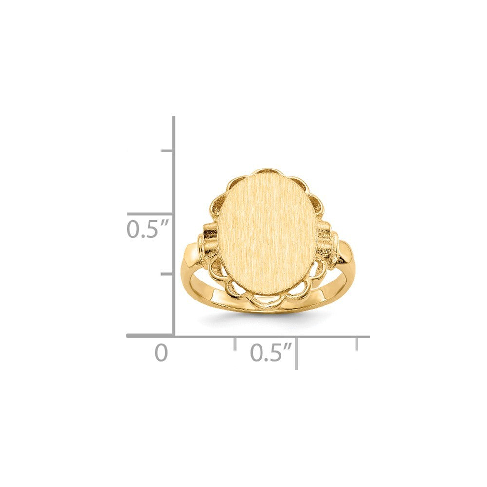Open Back Oval Scallop Decorative Edge Ladies Signet Ring Custom Personalized with Free Engraving Available of Initials or Monogram in Solid 14K Yellow Gold