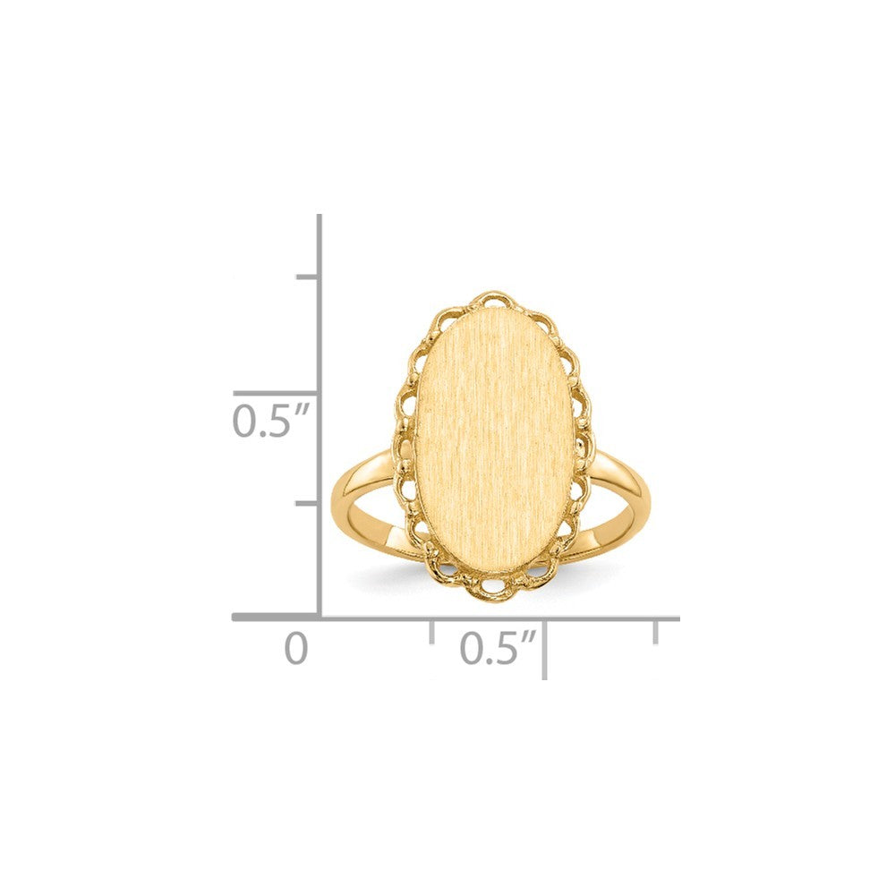 Open Back Oval Scallop Decorative Edge Ladies Signet Ring Custom Personalized with Free Engraving Available of Initials or Monogram in Solid 14K Yellow Gold