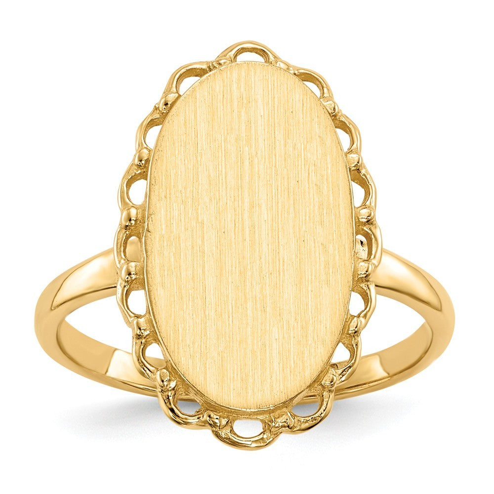 Open Back Oval Scallop Decorative Edge Ladies Signet Ring Custom Personalized with Free Engraving Available of Initials or Monogram in Solid 14K Yellow Gold