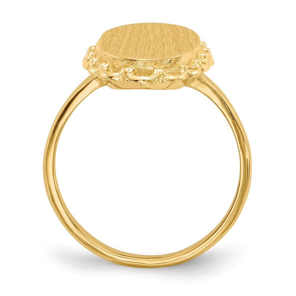Open Back Oval Scallop Decorative Edge Ladies Signet Ring Custom Personalized with Free Engraving Available of Initials or Monogram in Solid 14K Yellow Gold