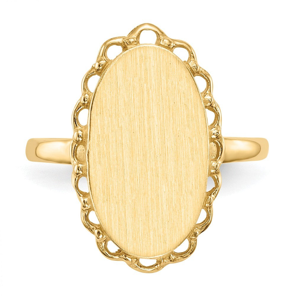 Open Back Oval Scallop Decorative Edge Ladies Signet Ring Custom Personalized with Free Engraving Available of Initials or Monogram in Solid 14K Yellow Gold