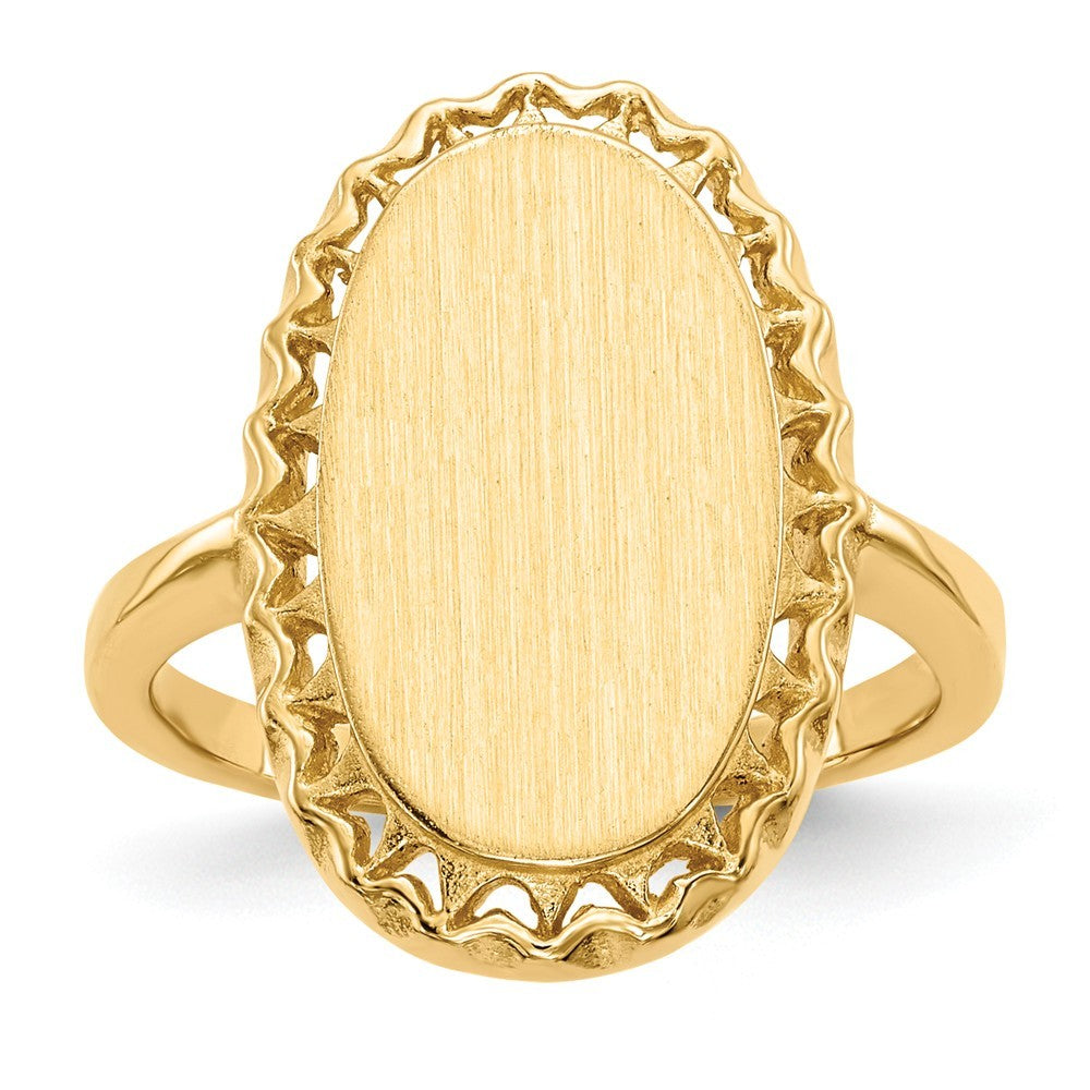 Open Back Oval Scallop Decorative Edge Ladies Signet Ring Custom Personalized with Free Engraving Available of Initials in Solid 14K Yellow Gold