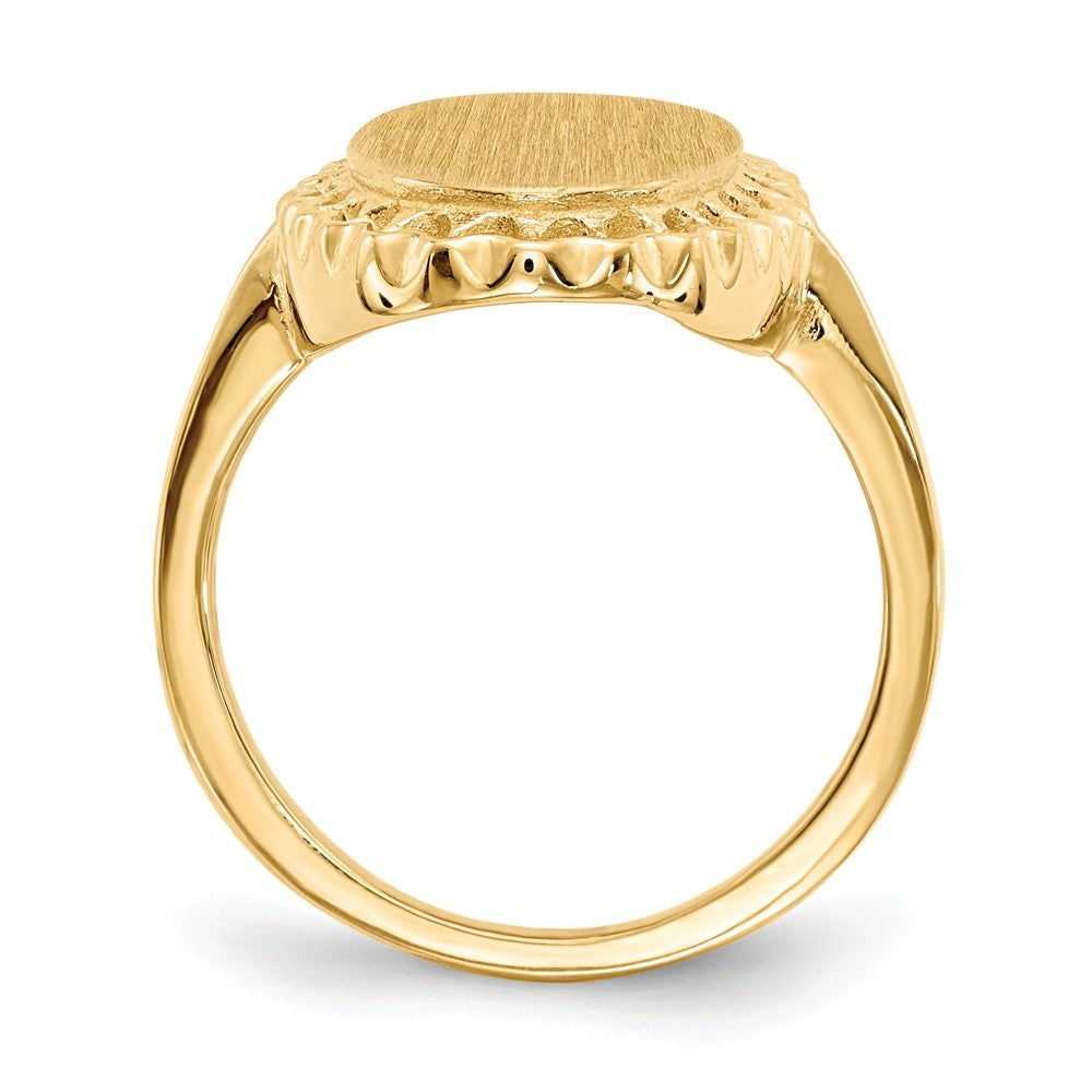 Open Back Oval Scallop Decorative Edge Ladies Signet Ring Custom Personalized with Free Engraving Available of Initials in Solid 14K Yellow Gold