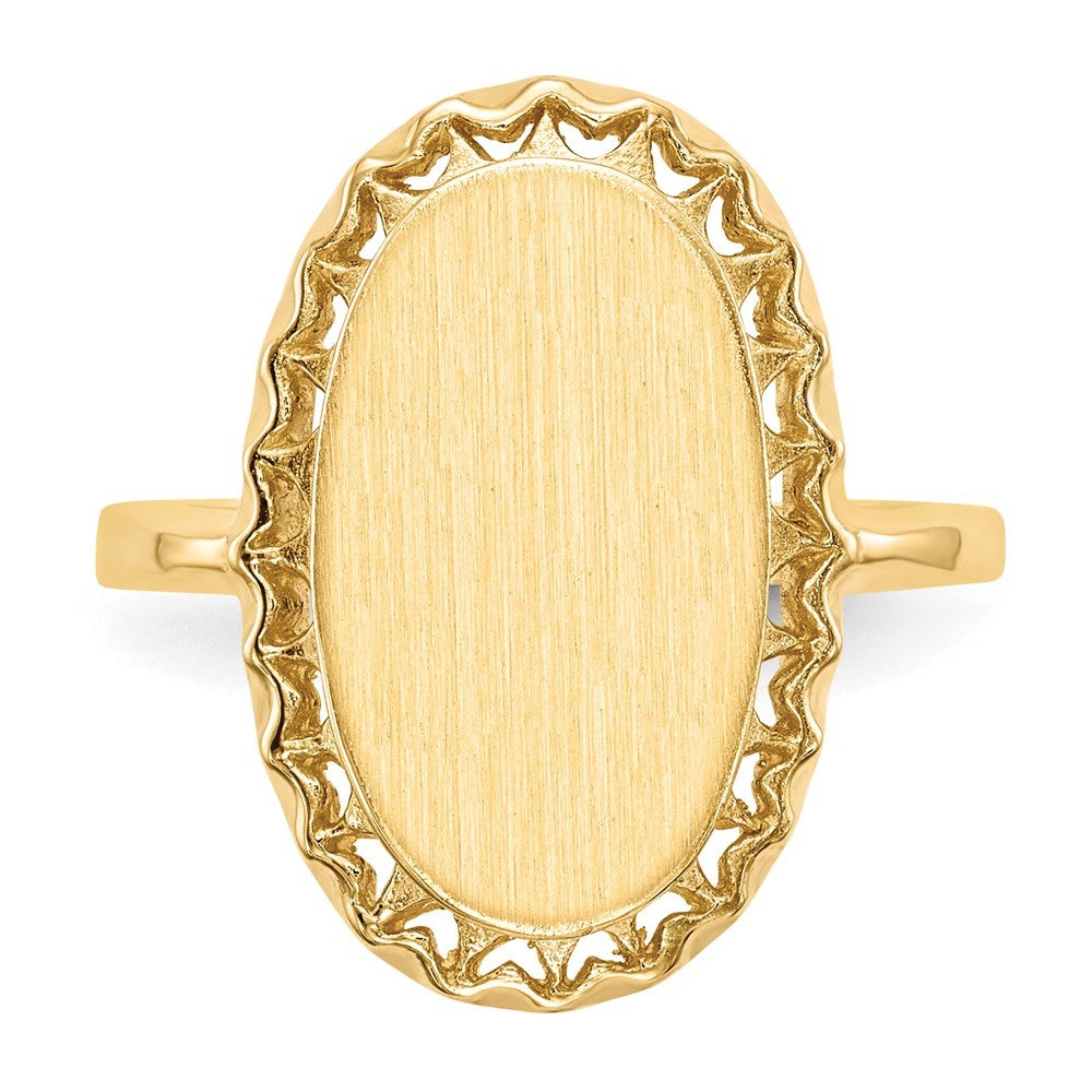Open Back Oval Scallop Decorative Edge Ladies Signet Ring Custom Personalized with Free Engraving Available of Initials in Solid 14K Yellow Gold