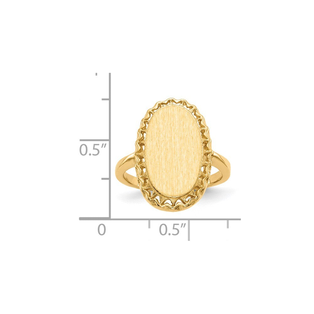 Open Back Oval Scallop Decorative Edge Ladies Signet Ring Custom Personalized with Free Engraving Available of Initials in Solid 14K Yellow Gold