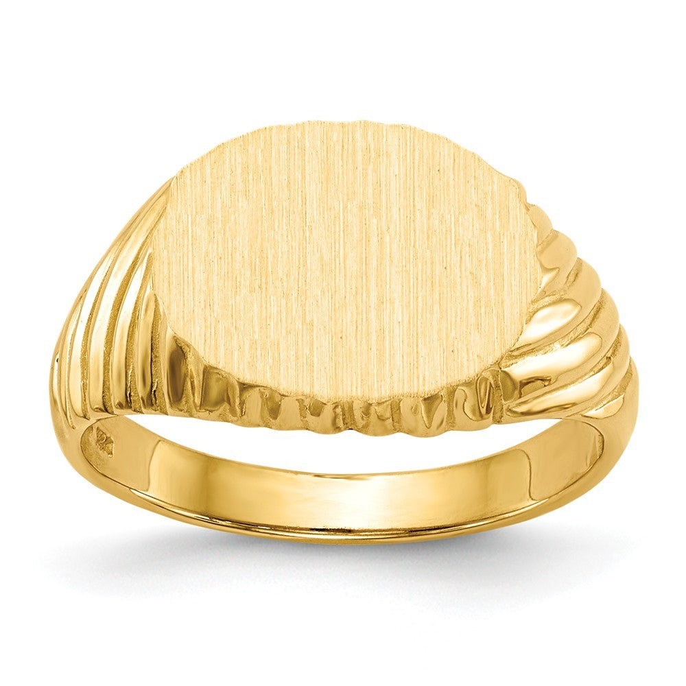 Open Back Swirl Ridge Sides Signet Ring Custom Personalized with Free Engraving Available of Initials or Monogram in Solid 14K Yellow Gold